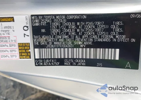 2007 Toyota Fj Cruiser z USA, uszkodzony, nr VIN JTEBU11F970043831